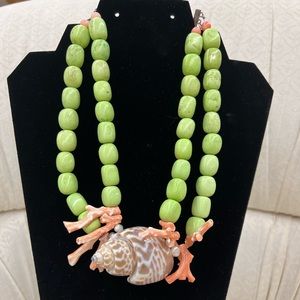 Meg Carter Design shell, coral and green stone necklace.